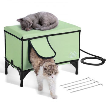 Elevated Heated Cat House, Cuboid Kitty Shelter with Adjustable Temperature and Timer, 900D Oxford Cloth Foldable Cat Shelter with Heated Pad  for Winter to Stay Warm and Cozy, Green (Middle)