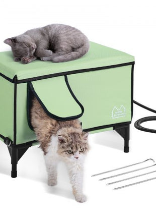 Elevated Heated Cat House, Cuboid Kitty Shelter with Adjustable Temperature and Timer, 900D Oxford Cloth Foldable Cat Shelter with Heated Pad  for Winter to Stay Warm and Cozy, Green (Large)