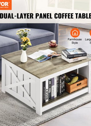 31.5" Farmhouse Coffee Table, Square Coffee Table with Open Storage Compartment, Wooden Rustic Cocktail Table for Living Room, Bedroom, Apartment, Studio, Gray & White