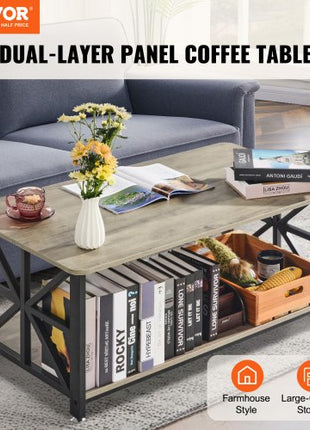 40" Farmhouse Coffee Table, Rectangle Coffee Table with Open Storage Compartment, Wooden Rustic Cocktail Table for Living Room, Bedroom, Apartment, Studio, Brown & Black