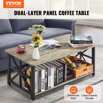 40" Farmhouse Coffee Table, Rectangle Coffee Table with Open Storage Compartment, Wooden Rustic Cocktail Table for Living Room, Bedroom, Apartment, Studio, Brown & Black