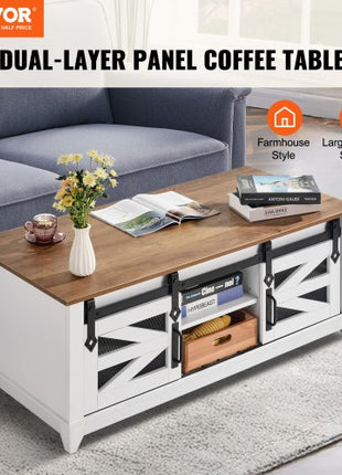 48" Farmhouse Coffee Table, Rectangle Coffee Table with 2 Sliding Barn Doors, 2 Tiers Wooden Rustic Table with Removable Shelves for Living Room, Bedroom, Apartment, or Studio, White & Natural