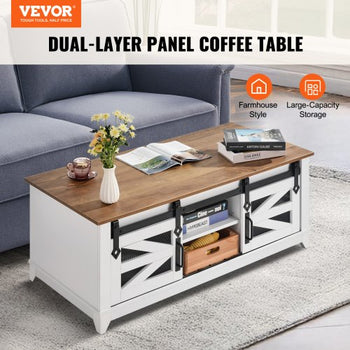 48" Farmhouse Coffee Table, Rectangle Coffee Table with 2 Sliding Barn Doors, 2 Tiers Wooden Rustic Table with Removable Shelves for Living Room, Bedroom, Apartment, or Studio, White & Natural