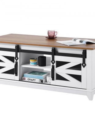 48" Farmhouse Coffee Table, Rectangle Coffee Table with 2 Sliding Barn Doors, 2 Tiers Wooden Rustic Table with Removable Shelves for Living Room, Bedroom, Apartment, or Studio, White & Natural