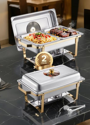 Chafing Dish Buffet Set, 4 Qt 2 Pack, Stainless Steel Chafer with 4 Half Size Pans, Rectangle Catering Warmer Server with Glass Lid Water Pan Folding Stand Fuel Holder, for Wedding Party Banquet