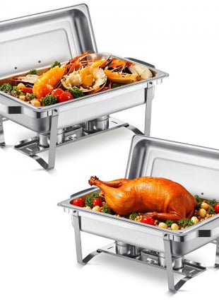 Chafing Dish Buffet Set, 8 Qt 2 Pack, Stainless Steel Chafer with 2 Full Size Pans, Rectangle Catering Warmer Server with Lid Water Pan Stand Fuel Holder, for Weddings Parties Banquets, Silver