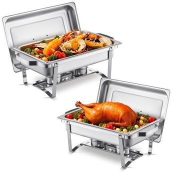 Chafing Dish Buffet Set, 8 Qt 2 Pack, Stainless Steel Chafer with 2 Full Size Pans, Rectangle Catering Warmer Server with Lid Water Pan Stand Fuel Holder, for Weddings Parties Banquets, Silver