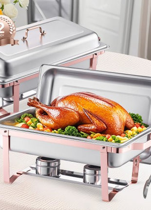 Chafing Dish Buffet Set, 8 Qt 2 Pack, Stainless Steel Chafer with 2 Full Size Pans, Rectangle Catering Warmer Server with Lid Water Pan Stand Fuel Holder, for Wedding Party Banquet, Rose Gold