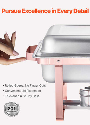 Chafing Dish Buffet Set, 8 Qt 2 Pack, Stainless Steel Chafer with 2 Full Size Pans, Rectangle Catering Warmer Server with Lid Water Pan Stand Fuel Holder, for Wedding Party Banquet, Rose Gold