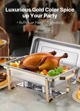 Chafing Dish Buffet Set, 8 Qt 4 Pack, Stainless Steel Chafer with 2 Full Size and 4 Half Size Pans, Rectangle Catering Warmer Server with Lid Water Pan Stand, for Weddings Parties Banquets, Gold