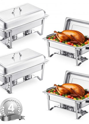 Chafing Dish Buffet Set, 8 Qt 4 Pack, Stainless Steel Chafer with 4 Full Size Pans, Rectangle Catering Warmer Server with Lid Water Pan Stand Fuel Holder, for Weddings Parties Banquets, Silver