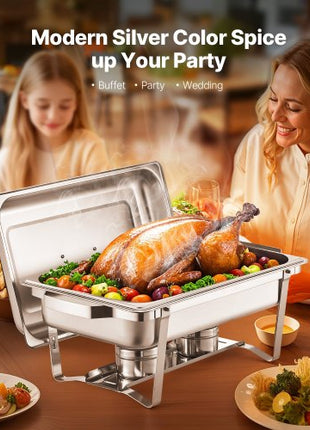 Chafing Dish Buffet Set, 8 Qt 6 Pack, Stainless Steel Chafer with 6 Full Size Pans, Rectangle Catering Warmer Server with Lid Water Pan Stand Fuel Holder, for Weddings Parties Banquets, Silver