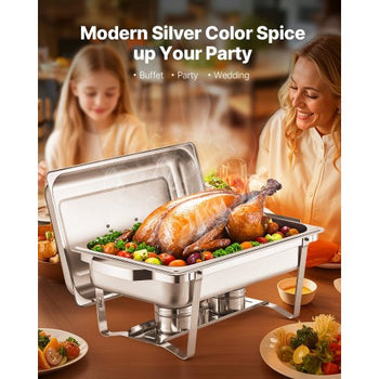 Chafing Dish Buffet Set, 8 Qt 6 Pack, Stainless Steel Chafer with 6 Full Size Pans, Rectangle Catering Warmer Server with Lid Water Pan Stand Fuel Holder, for Weddings Parties Banquets, Silver