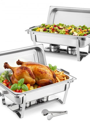Rectangle Chafing Dish, 9 Qt 2 Pack Stainless Steel Chafing Dish, Food Warmer Chafer Complete Set with Hollow Handle, 1 Food Tongs, Lid, Fuel Holder, Chafer Dishes for Banquet Party Wedding