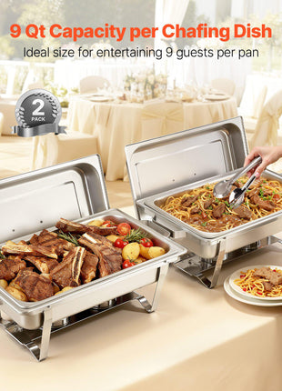 Rectangle Chafing Dish, 9 Qt 2 Pack Stainless Steel Chafing Dish, Food Warmer Chafer Complete Set with Hollow Handle, 1 Food Tongs, Lid, Fuel Holder, Chafer Dishes for Banquet Party Wedding
