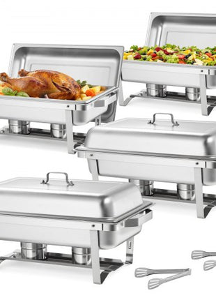 Rectangle Chafing Dish, 9 Qt 4 Pack Stainless Steel Chafing Dish, Food Warmer Chafer Complete Set with Hollow Handle, 2 Food Tongs, Lid, Fuel Holder, Chafer Dishes for Banquet Party Wedding