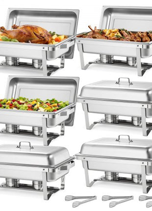 Rectangle Chafing Dish, 9 Qt 6 Pack Stainless Steel Chafing Dish, Food Warmer Chafer Complete Set with Hollow Handle, 3 Food Tongs, Lid, Fuel Holder, Chafer Dishes for Banquet Party Wedding