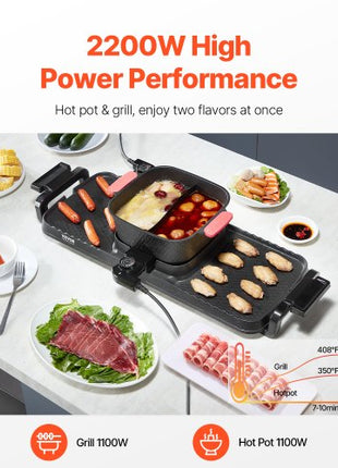Hot Pot with Grill, 2300W 2-in-1 Electric Smokeless Grill and Hot Pot, Removable Shabu-shabu Hotpot with Non-stick Pan, Separate Dual Temperature Control, Indoor Korean BBQ for 1-6 People