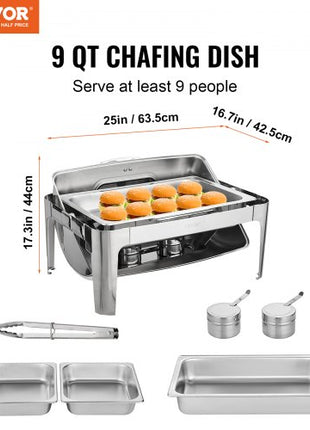 Roll Top Chafing Dish Buffet Set, 9 Qt, Stainless Steel Chafer with 2 Half Size Pans, Rectangle Catering Warmer Server with Visible Lid Water Pan Stand Fuel Holder Clip, for at Least 9 People
