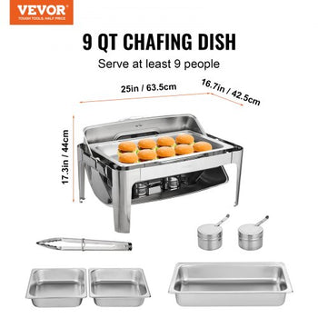 Roll Top Chafing Dish Buffet Set, 9 Qt, Stainless Steel Chafer with 2 Half Size Pans, Rectangle Catering Warmer Server with Visible Lid Water Pan Stand Fuel Holder Clip, for at Least 9 People