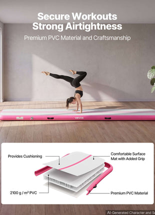 Inflatable Gymnastics Air Mat 13 ft Training Mats w/ Electric Pump, 4 inches Thick Sturdy Tumble Track, Tumbling Mat for Home Use/Gym/Outdoor/Yoga/Cheerleading/Beach/Park/Water, Pink