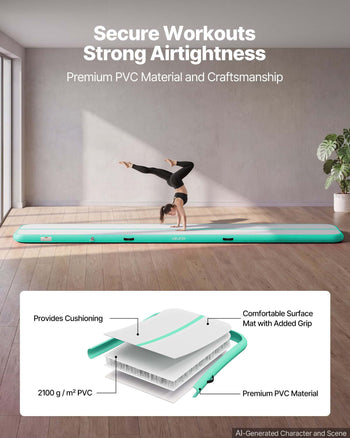 Inflatable Gymnastics Air Mat 16.4 ft Training Mats w/ Electric Pump, 4 inches Thick Sturdy Tumble Track, Tumbling Mat for Home Use/Gym/Outdoor/Yoga/Cheerleading/Beach/Park/Water, Mint Green