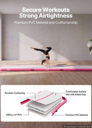 Inflatable Gymnastics Air Mat 16.4 ft Training Mats w/ Electric Pump, 4 inches Thick Sturdy Tumble Track, Tumbling Mat for Home Use/Gym/Outdoor/Yoga/Cheerleading/Beach/Park/Water, Pink