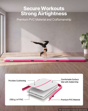 Inflatable Gymnastics Air Mat 16.4 ft Training Mats w/ Electric Pump, 4 inches Thick Sturdy Tumble Track, Tumbling Mat for Home Use/Gym/Outdoor/Yoga/Cheerleading/Beach/Park/Water, Pink