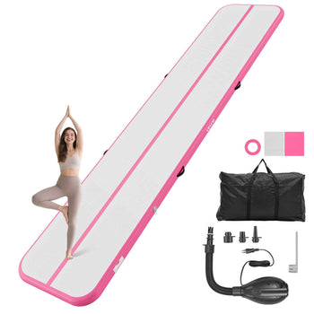 Inflatable Gymnastics Air Mat 16.4 ft Training Mats w/ Electric Pump, 4 inches Thick Sturdy Tumble Track, Tumbling Mat for Home Use/Gym/Outdoor/Yoga/Cheerleading/Beach/Park/Water, Pink