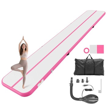 Inflatable Gymnastics Air Mat 20 ft Training Mats w/ Electric Pump, 4 inches Thick Sturdy Tumble Track, Tumbling Mat for Home Use/Gym/Outdoor/Yoga/Cheerleading/Beach/Park/Water, Pink
