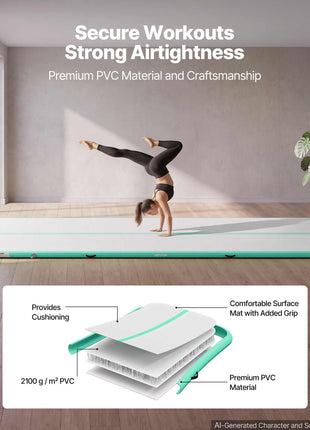 Inflatable Gymnastics Air Mat 20 ft Training Mats w/ Electric Pump, 4 inches Thick Sturdy Tumble Track, Tumbling Mat for Home Use/Gym/Outdoor/Yoga/Cheerleading/Beach/Park/Water, Mint Green