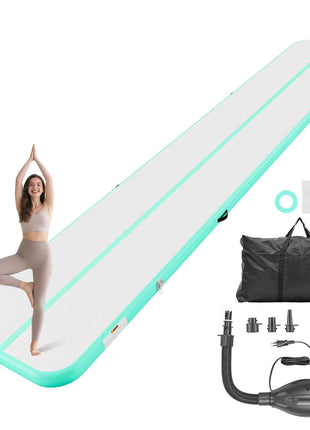 Inflatable Gymnastics Air Mat 20 ft Training Mats w/ Electric Pump, 4 inches Thick Sturdy Tumble Track, Tumbling Mat for Home Use/Gym/Outdoor/Yoga/Cheerleading/Beach/Park/Water, Mint Green