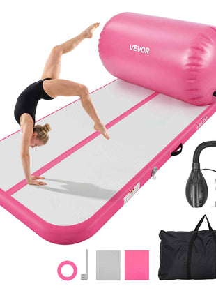 Inflatable Gymnastics Air Mat with Air Barrel 10 ft Training Mats, 4 inches Thick Sturdy Tumble Track with Electric Pump, Tumbling Mat for Home Use/Gym/Outdoor/Yoga/Cheerleading, Pink