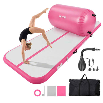 Inflatable Gymnastics Air Mat with Air Barrel 10 ft Training Mats, 4 inches Thick Sturdy Tumble Track with Electric Pump, Tumbling Mat for Home Use/Gym/Outdoor/Yoga/Cheerleading, Pink