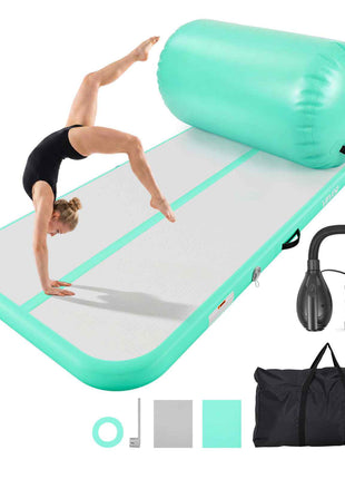 Inflatable Gymnastics Air Mat with Air Barrel 10 ft Training Mats, 4 inches Thick Sturdy Tumble Track with Electric Pump, Tumbling Mat for Home Use/Gym/Outdoor/Yoga/Cheerleading, Mint Green