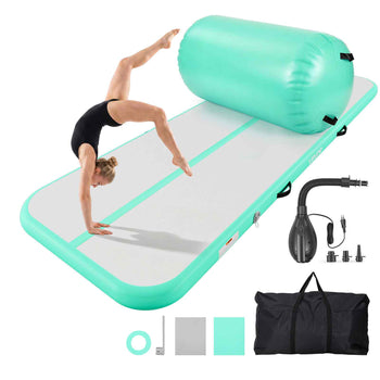 Inflatable Gymnastics Air Mat with Air Barrel 10 ft Training Mats, 4 inches Thick Sturdy Tumble Track with Electric Pump, Tumbling Mat for Home Use/Gym/Outdoor/Yoga/Cheerleading, Mint Green