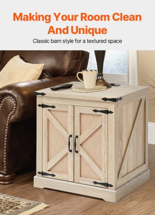 Farmhouse End Table, Rectangle PE Rattan Woven Wood Coffee Table, 24-Inch Modern Boho Style Storage Coffee Table with Retro Metal Hinges, for Living Room, Bedroom & Small Spaces