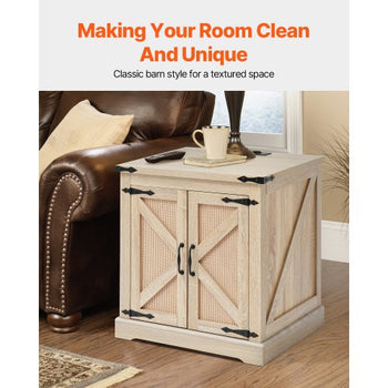 Farmhouse End Table, Rectangle PE Rattan Woven Wood Coffee Table, 24-Inch Modern Boho Style Storage Coffee Table with Retro Metal Hinges, for Living Room, Bedroom & Small Spaces