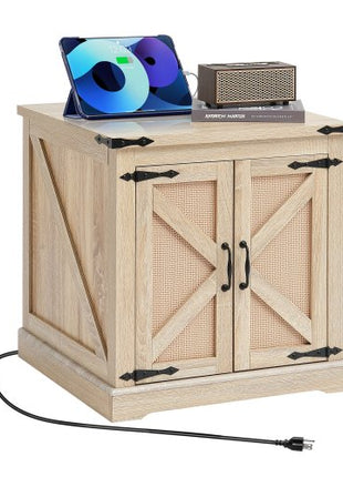 Farmhouse End Table, Rectangle PE Rattan Woven Wood Coffee Table, 24-Inch Modern Boho Style Storage Coffee Table with Retro Metal Hinges, for Living Room, Bedroom & Small Spaces