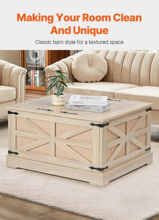 Rattan Coffee Table, Rectangle PE Rattan Woven Wood Coffee Table with MDF Top, 32-Inch Modern Boho Style Storage Coffee Table with Retro Metal Hinges, for Living Room, Bedroom & Small Spaces