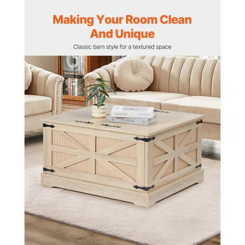 Rattan Coffee Table, Rectangle PE Rattan Woven Wood Coffee Table with MDF Top, 32-Inch Modern Boho Style Storage Coffee Table with Retro Metal Hinges, for Living Room, Bedroom & Small Spaces