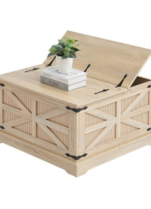 Rattan Coffee Table, Rectangle PE Rattan Woven Wood Coffee Table with MDF Top, 32-Inch Modern Boho Style Storage Coffee Table with Retro Metal Hinges, for Living Room, Bedroom & Small Spaces