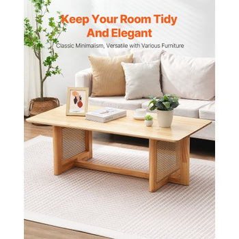 Rattan Coffee Table, Rectangle Rattan Woven Wood Coffee Table with Rubber Wood Top, 47-Inch Modern Boho Storage Coffee Table with Natural Wood Legs, for Living Room, Bedroom & Small Spaces