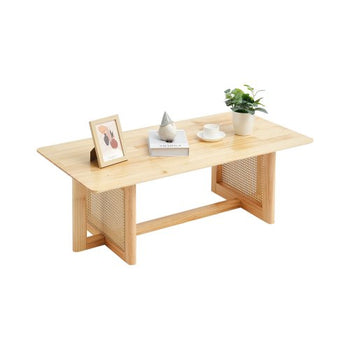 Rattan Coffee Table, Rectangle Rattan Woven Wood Coffee Table with Rubber Wood Top, 47-Inch Modern Boho Storage Coffee Table with Natural Wood Legs, for Living Room, Bedroom & Small Spaces