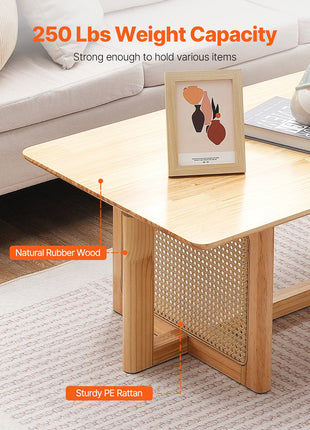 Rattan Coffee Table, Rectangle Rattan Woven Wood Coffee Table with Rubber Wood Top, 47-Inch Modern Boho Storage Coffee Table with Natural Wood Legs, for Living Room, Bedroom & Small Spaces