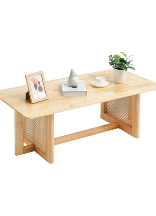 Rattan Coffee Table, Rectangle Rattan Woven Wood Coffee Table with Rubber Wood Top, 47-Inch Modern Boho Storage Coffee Table with Natural Wood Legs, for Living Room, Bedroom & Small Spaces