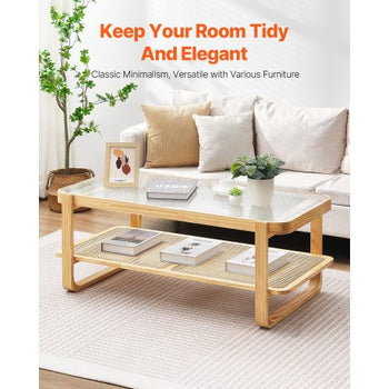 Rattan Coffee Table, Rectangle Rattan Woven Wood Coffee Table with Tempered Glass Top, 45-Inch Modern Boho Storage Coffee Table with Natural Wood Legs, for Living Room, Bedroom & Small Spaces