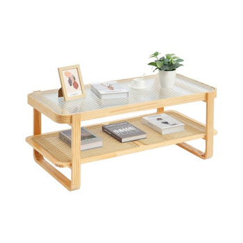Rattan Coffee Table, Rectangle Rattan Woven Wood Coffee Table with Tempered Glass Top, 45-Inch Modern Boho Storage Coffee Table with Natural Wood Legs, for Living Room, Bedroom & Small Spaces