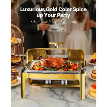Roll Top Chafing Dish Buffet Complete Set, 9Qt Stainless Steel Chafer with Full Size Pan, Rectangle Catering Warmer Server with Visible Lid Water Pan Folding Stand Fuel Holder Meal Clip, Gold