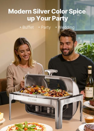 Roll Top Chafing Dish Buffet Complete Set, 9 Qt 1 Pack Stainless Steel Chafer with 2 Half Size Pans, Rectangle Catering Warmer Server with Visible Lid Water Pan Folding Stand Fuel Holder, Silver